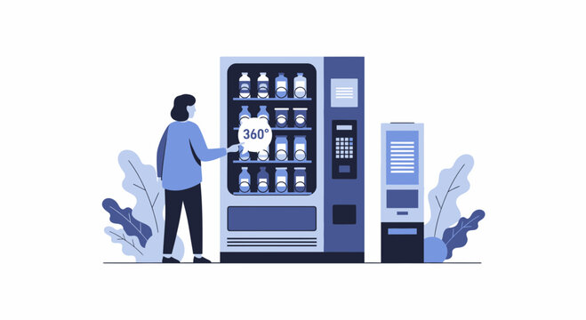 Woman using smart vending machine with 360 degree interactive interface flat vector