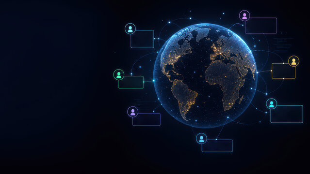 Global network connected through technology earth with digital communication icons and data visualization