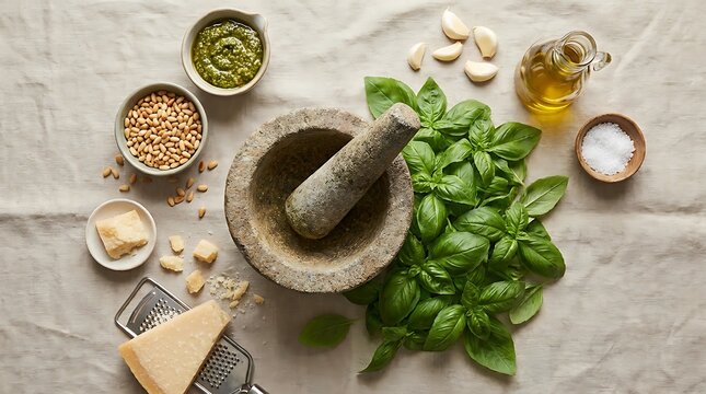 Fresh basil pesto ingredients with mortar and pestle for making healthy homemade green sauce recipe