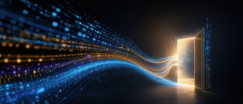 Illuminated doorway representing open source technology with dynamic data streams flowing around it