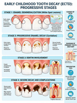 Scientific infographic diagram illustrating the progressive stages, causes, anatomy, and prevention tips of early childhood tooth decay (ECTD).
