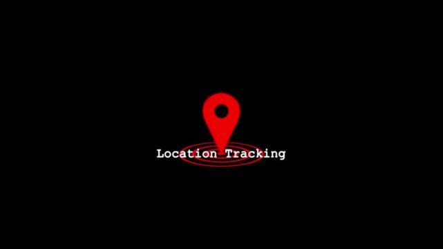 A glowing red location tracking system pin icon with radio wave signal rings symbolizing real-time location tracking, wireless positioning, and digital map technology on black background.