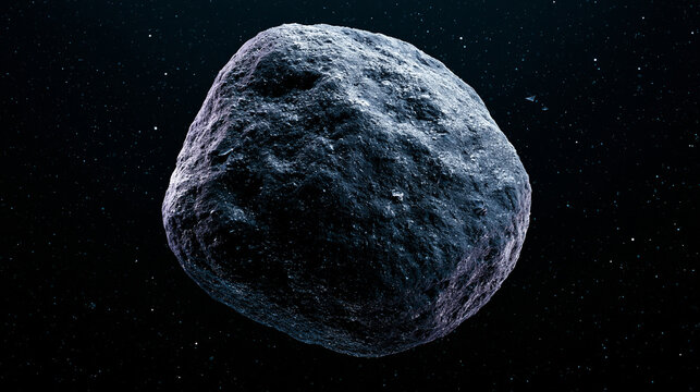 Large gray asteroid floating in dark deep space with starry background for astronomical research or cosmic visualization projects.