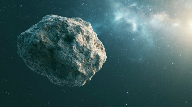Large rugged asteroid moving in dark space with distant nebula light for realistic astronomical simulation.