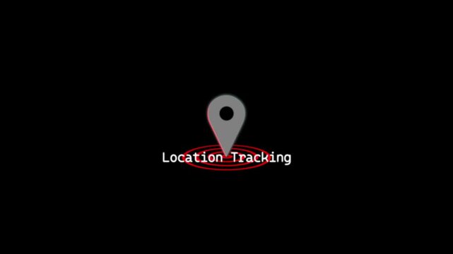 A glowing red location pin tech symbol icon with radio wave signal rings symbolizing real-time location tracking, wireless positioning, and digital map technology on black background.