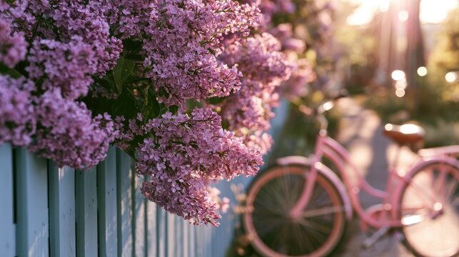 Soft pink bicycle beside a fence adorned with blooming purple lilac flowers
