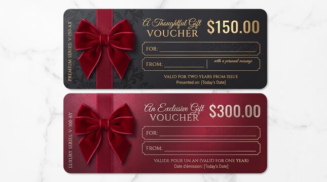 Luxury gift voucher templates with red velvet bows on black and red backgrounds.