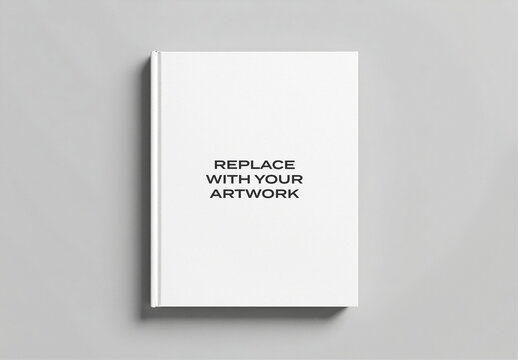 Hardcover book mockup with centered text placeholder on a neutral gray surface, realistic cover presentation for graphic design, editorial, and publishing branding