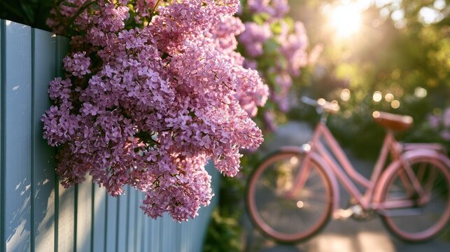 Sunlight bathes pink blossoms and a vintage bicycle near a pale blue fence