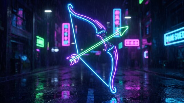Futuristic neon glowing bow and arrow in vibrant city night scene with high tech