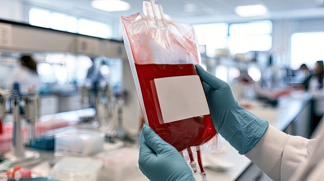 Gloved hands hold blood bag in bright laboratory, with people working