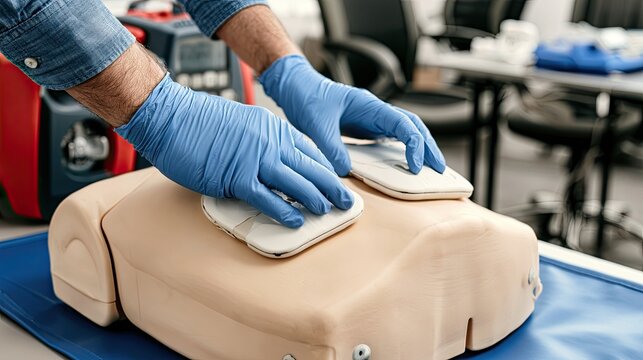 Hands in gloves performing CPR on a training dummy, defibrillator nearby