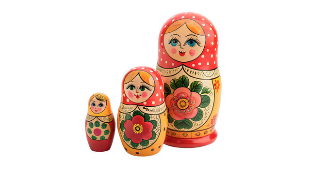 Traditional Russian matryoshka nesting dolls in a row isolated on transparent background.