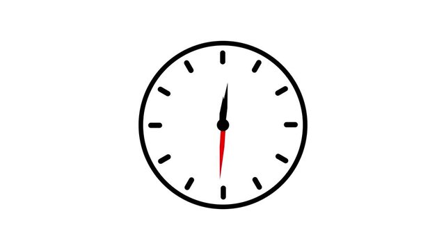 Minimal Black Clock Icon with Red Second Hand on White Background, Simple Time and Clock Symbol . 4K Motion Graphics.