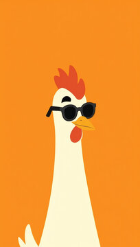 Charming and trendy chicken illustration wearing fashionable sunglasses, set on a bold orange background, perfect for adding a touch of humor and personality to any creative design