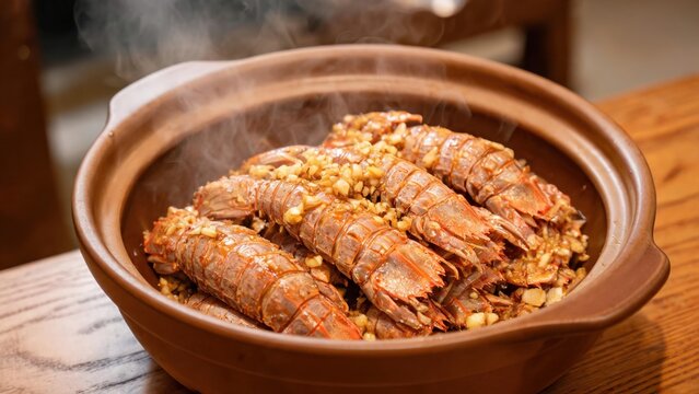  Casserole‑Baked Mantis Shrimp, Savory Chinese Seafood Cuisine With Plump Mantis Shrimp Braised In Fragrant Seasonings Inside Clay Pot