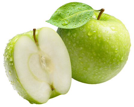 Green apple with fresh green leaf and water droplets isolated on white with work path, close up highlighting juicy texture, natural freshness and healthy organic fruit concept png file.
