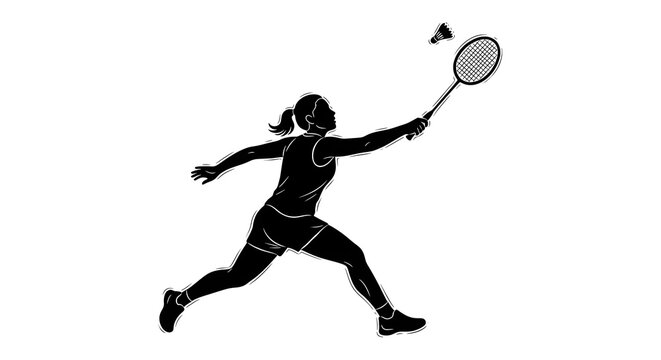 Female badminton player silhouette in action, hitting shuttlecock with racket for sports branding.