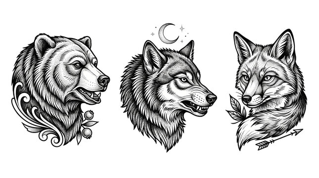 Vintage animal tattoo set, black and white bear wolf and fox illustrations, hand drawn wildlife sketches for apparel design