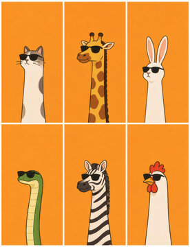Funny animal illustrations featuring a cat, giraffe, rabbit, snake, zebra, and chicken wearing sunglasses on orange