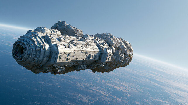 Massive futuristic spaceship flying over planet space exploration mission science fiction scene.