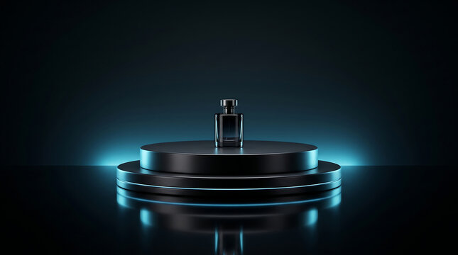 Minimalist luxury perfume bottle mockup on a sleek black podium with neon blue backlight product display background