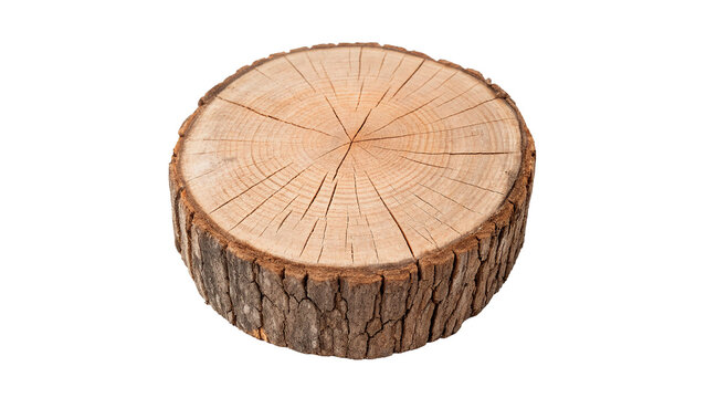 Round slice of a wooden log showing tree rings isolated on transparent background.