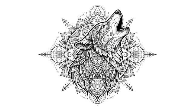 Intricate mandala wolf head illustration, howling wolf line art with geometric patterns, mystical animal tattoo design on white background