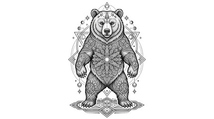 Intricate mandala bear illustration, geometric grizzly bear art, black and white spiritual animal totem for tattoo design