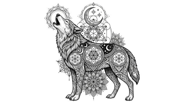 Mystical howling wolf with sacred geometry patterns, celestial moon and mandala wolf tattoo art, spiritual animal illustration