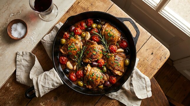 Delicious braised chicken thighs cooked in a cast iron skillet with fresh rosemary and cherry tomatoes. roman chicken dish