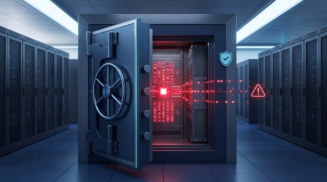 Secure server room with open safe and glowing red computer components
