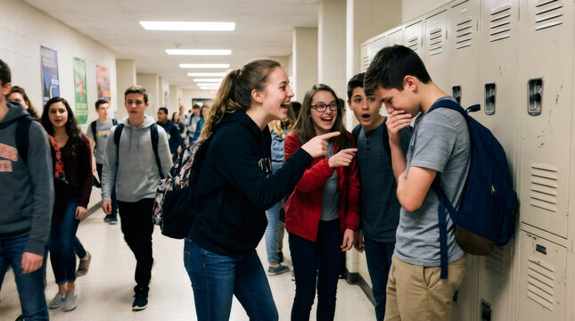 Teenagers laughing and talking in a school hallway beside lockers. Student friendship, peer interaction, social behavior, and everyday secondary education life.