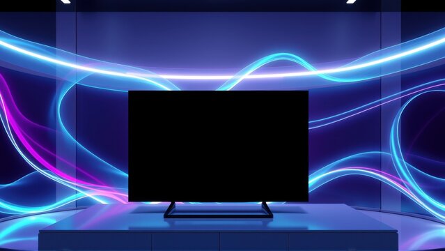 Modern living room features sleek tv, vibrant neon lights, minimalist design. Dark background emphasizes glowing curves, creating futuristic ambiance.