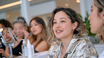 Obraz premium Diverse group of women participating in a professional skincare consultation at a modern dermatology wellness clinic, different ages and backgrounds, women examining their skin in mirrors while a sk