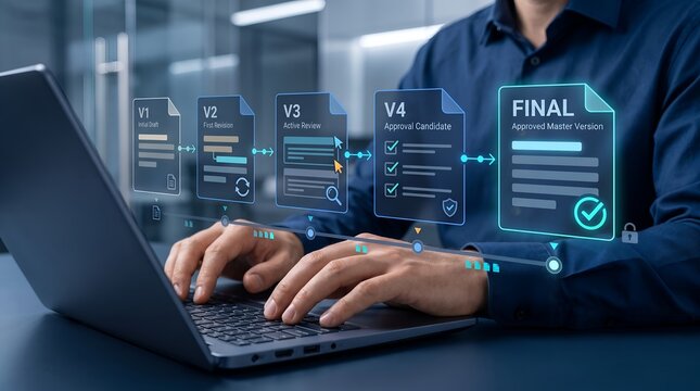 Digital workflow process with final approval document on laptop