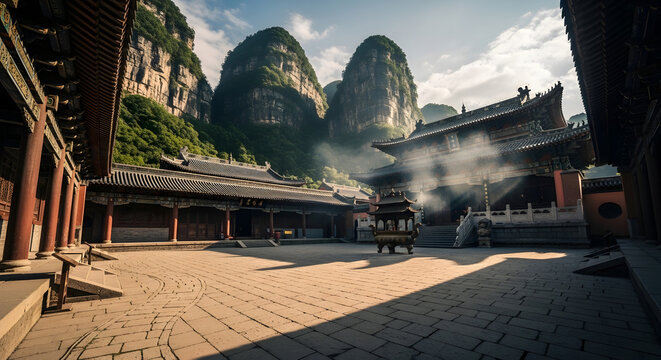 Ancient temple complex amidst majestic mountains under bright sunlight