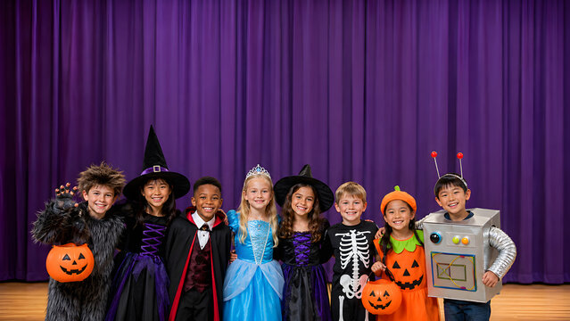 Diverse children wearing Halloween costumes standing together