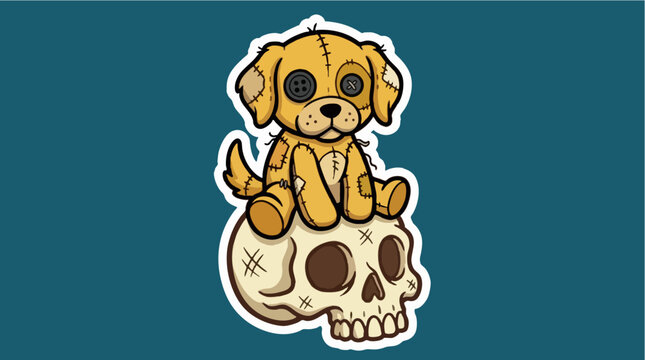 Cartoon Stitched Dog Plush Toy Sitting on a Skull Sticker Art