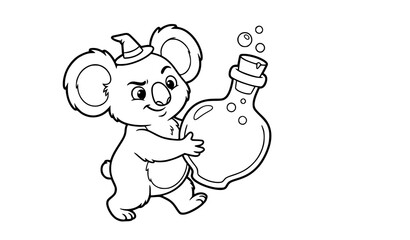Fototapeta premium Cute Halloween Koala Coloring Page Carrying a Potion Bottle with Spooky Hat and Funny Cartoon Outline Vector