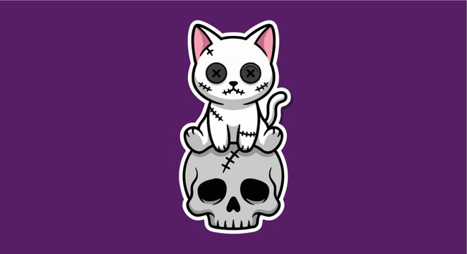 Cute Zombie Cat Sitting on a Skull Vector Illustration