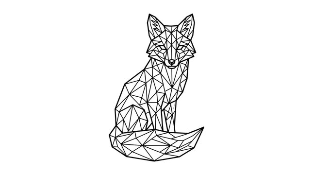 Geometric fox line art illustration, minimalist low poly animal silhouette, black and white wireframe fox design for modern logos
