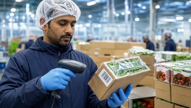 Warehouse worker scanning packages with a barcode reader in a busy facility
