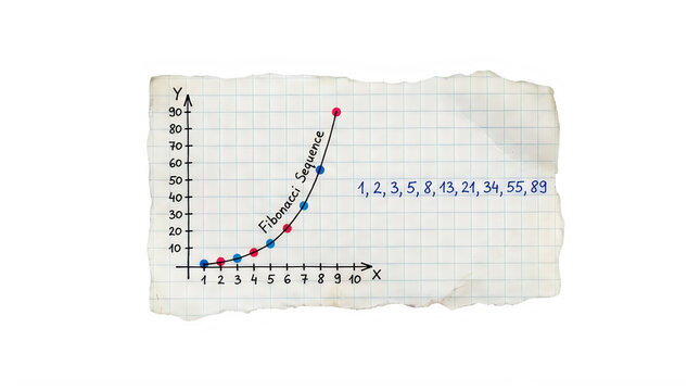 Fibonacci sequence graph on grid paper showing exponential growth and mathematical series