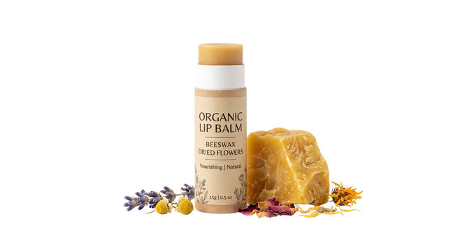 Organic lip balm with beeswax and dried flowers, natural skincare product tube, herbal beauty treatment with lavender and chamomile isolated PNG with Transparent Background