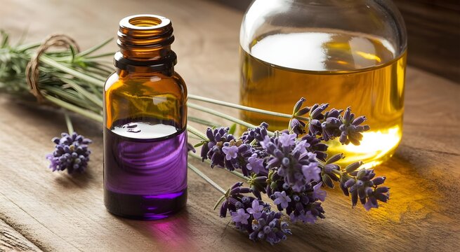 Frascos de aceite esencial con flores frescas de lavanda sobre una mesa de madera r&uacute;stica