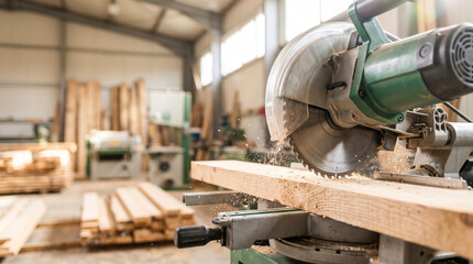 Naklejka premium In a woodworking shop, a saw cuts through a wooden plank. Sawdust is flying into the air as workers focus on their tasks. Tools and planks are arranged around the space