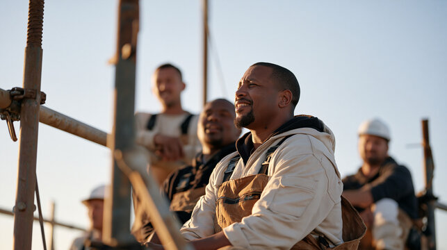A multicultural group of bricklayers pausing mid scaffold on a hillside construction site at golden hour, hard hats removed, one member leading an impromptu moment of sacred music