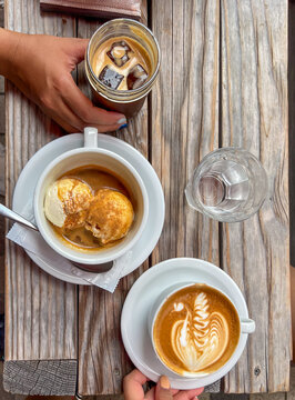 Coffee and Affogato Served on Wooden Table in Cafe