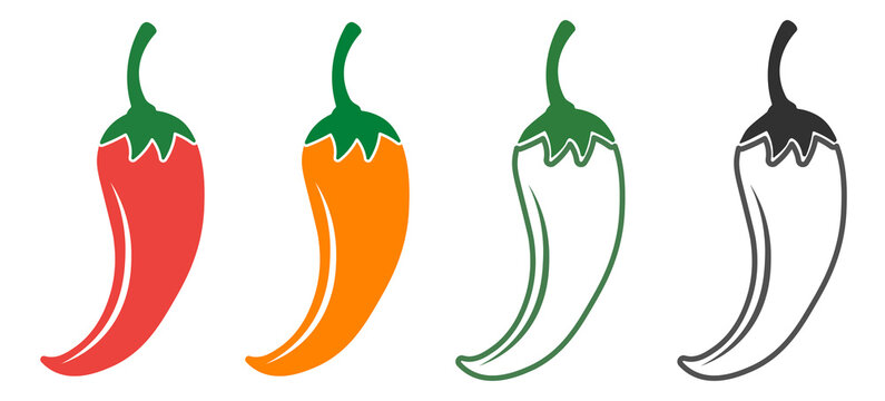 Colorful chili pepper vector icons set isolated on black background, hot spicy food symbol collection
